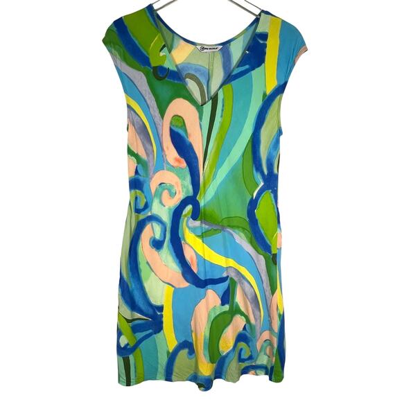 Jams World Velzly Land Abstract Print Shift Dress M Pullover V-Neck Green Multi - Picture 1 of 6